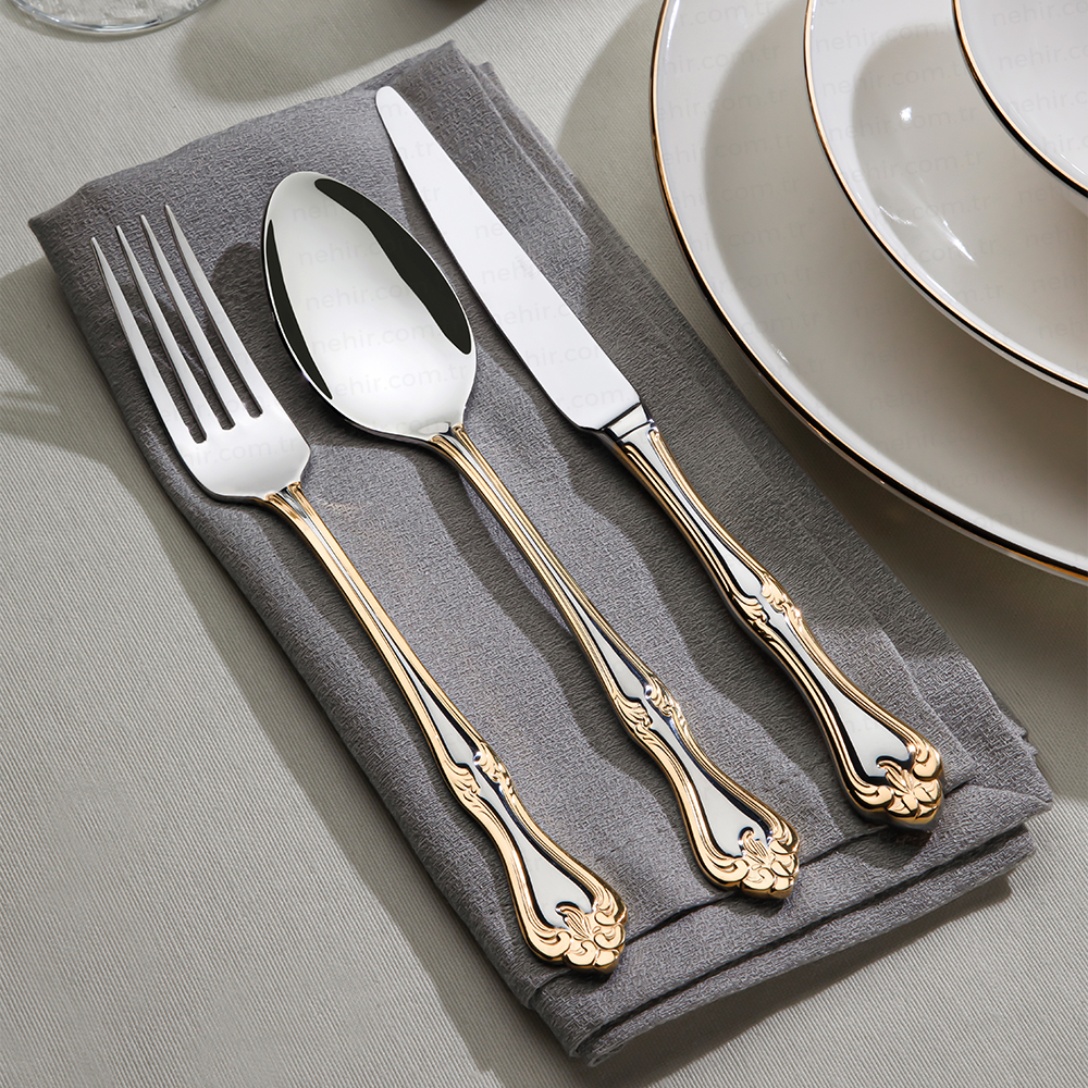 89 PIECES LALEZAR GOLD MIRROR FINISH LEATHER BOXED CUTLERY SET
